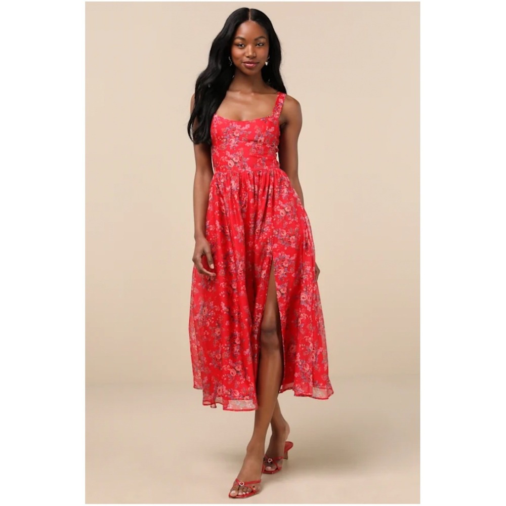Lulus Francesca Red Floral Sleeveless Midi Dress Size Medium New with tags!